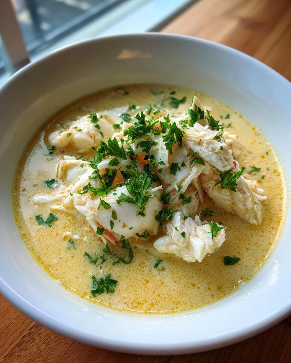 A close-up of creamy crab soup filled with large chunks of white crab meat and garnished generously with fresh chopped parsley.