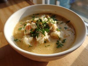A close-up of a bowl of creamy crab soup generously topped with chunks of white crab meat and fresh parsley.