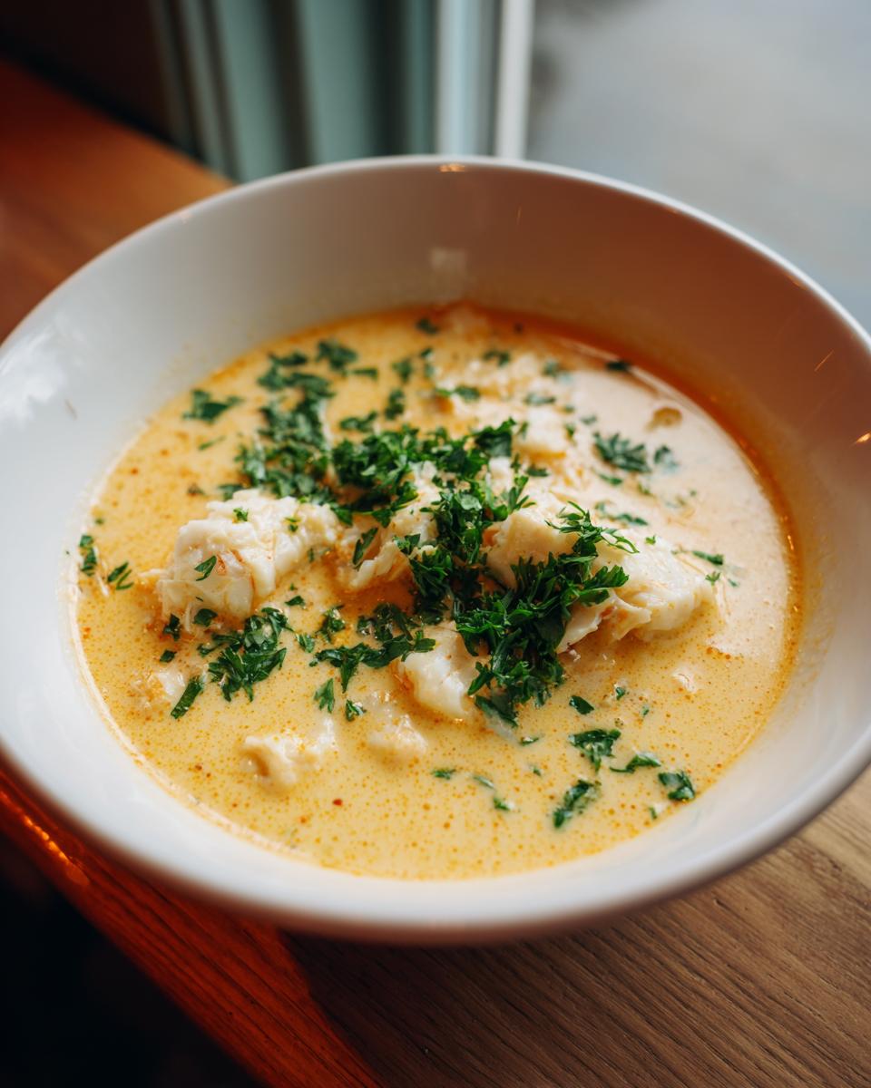 A close-up of a bowl of creamy crab soup topped with generous flakes of crab meat and chopped parsley.