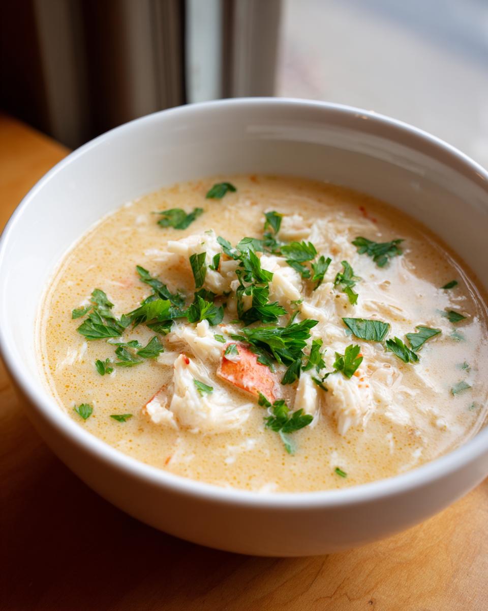 Close-up of a white bowl filled with creamy crab soup, featuring generous chunks of white crab meat and fresh parsley garnish.