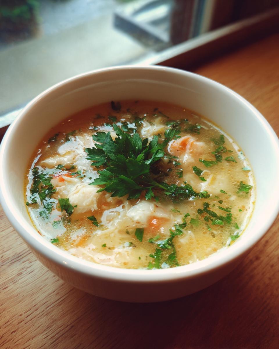 Close-up of a white bowl filled with creamy crab soup, featuring visible crab meat, vegetables, and topped with fresh parsley.