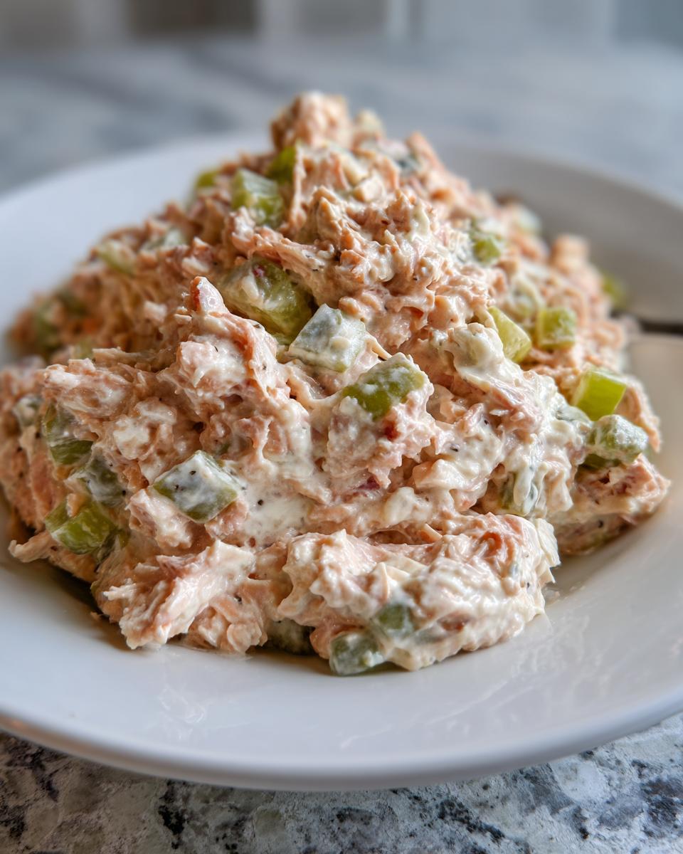 A generous scoop of creamy ham salad recipe mixed with chopped green celery, served on a white plate.