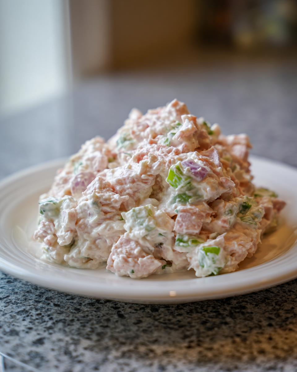 A mound of creamy ham salad recipe mixed with diced green peppers and red onion served on a white plate.