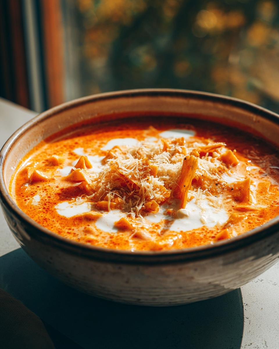 Close-up of a hearty bowl of creamy lasagna soup topped with swirls of cream and grated Parmesan cheese.