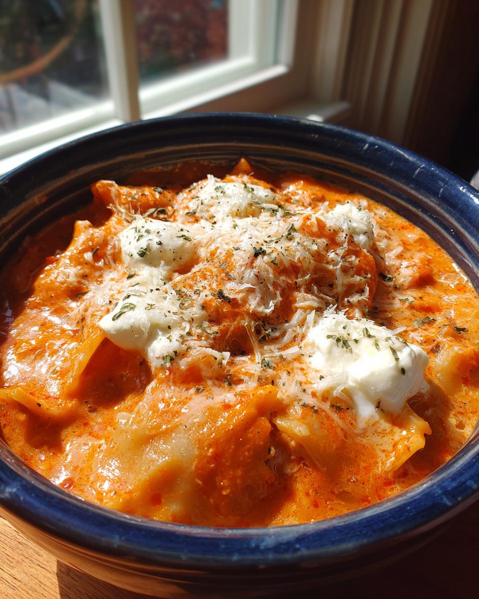 A close-up of a rich, orange-red creamy lasagna soup in a dark blue bowl, topped with dollops of ricotta and grated Parmesan.