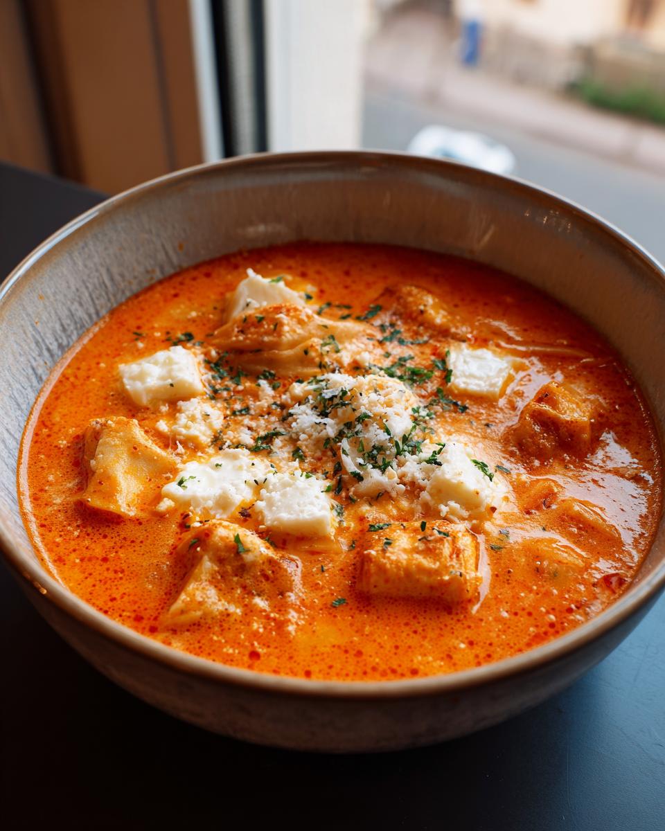 A close-up image of a bowl of rich, orange creamy lasagna soup topped with dollops of ricotta and grated parmesan.