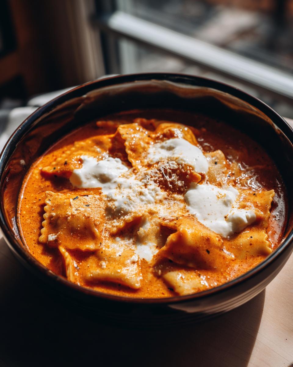 A close-up of a dark bowl filled with rich, orange creamy lasagna soup featuring pasta and dollops of white ricotta cheese.