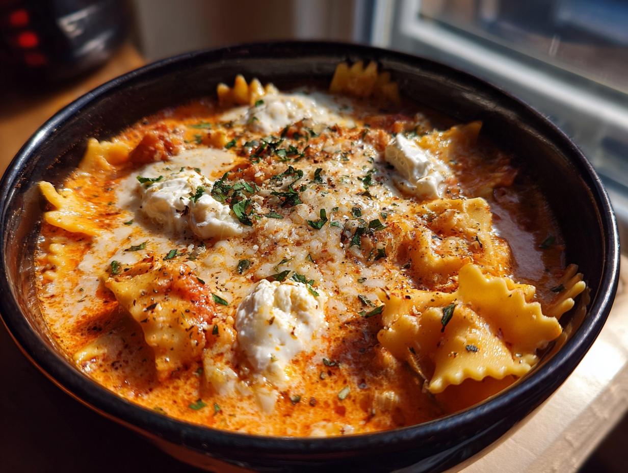 Close-up of a rich bowl of creamy lasagna soup featuring ruffled pasta, dollops of ricotta, and herbs.