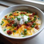 A close-up of a bowl of creamy loaded baked potato soup topped with shredded cheddar, bacon bits, green onions, and sour cream.