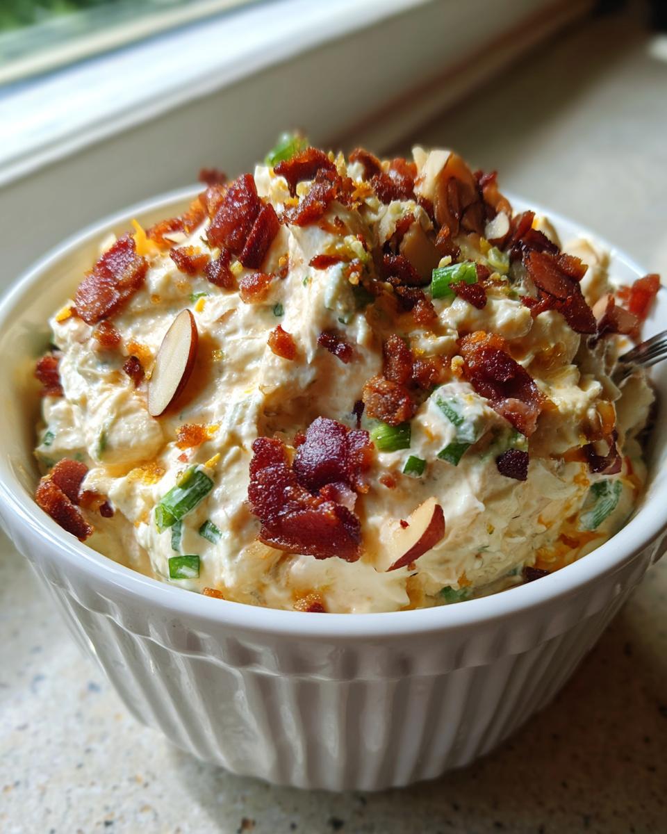 A close-up of creamy Neiman Marcus dip topped generously with crumbled bacon, sliced almonds, and green onions.