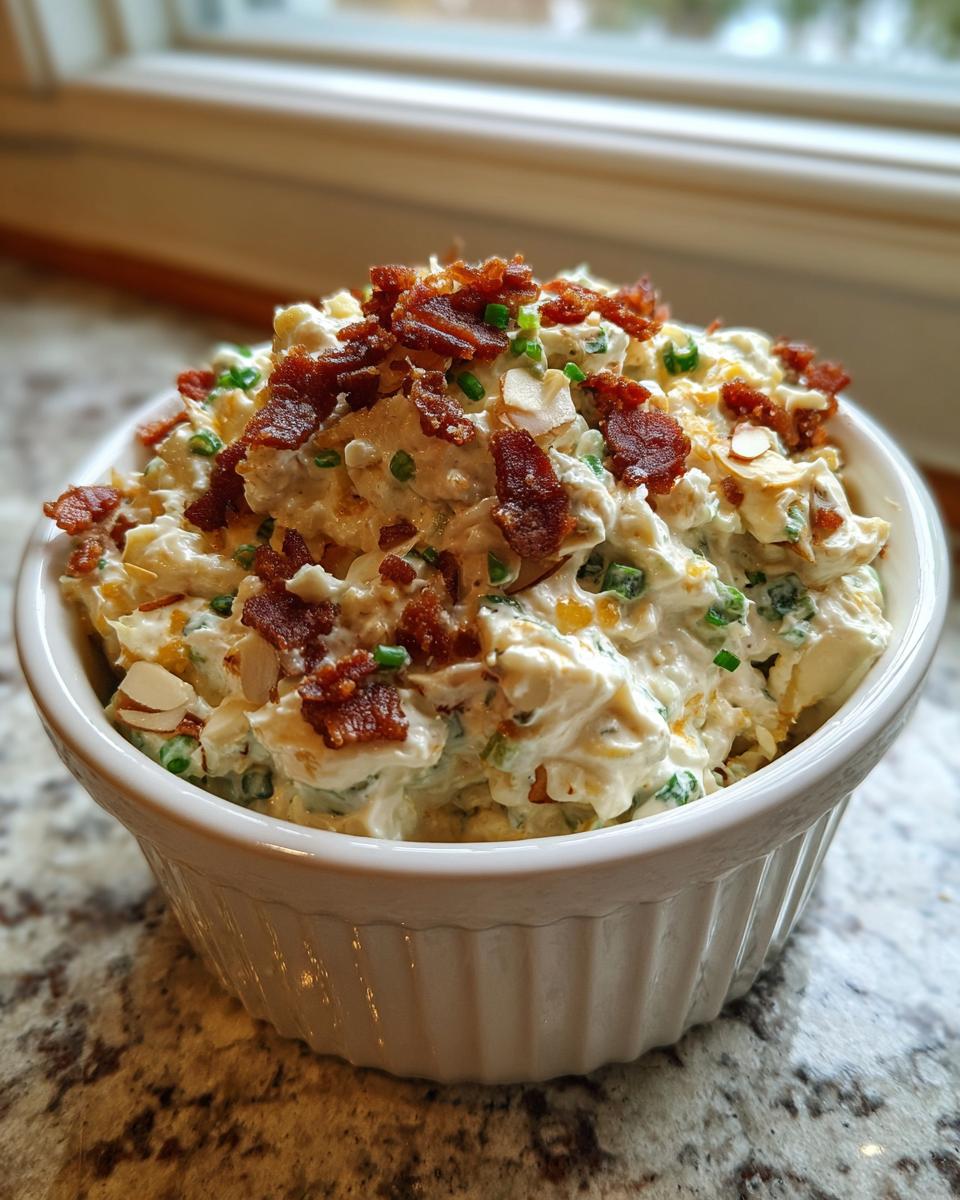 A white ramekin filled with creamy Neiman Marcus dip, garnished heavily with bacon bits and chives.