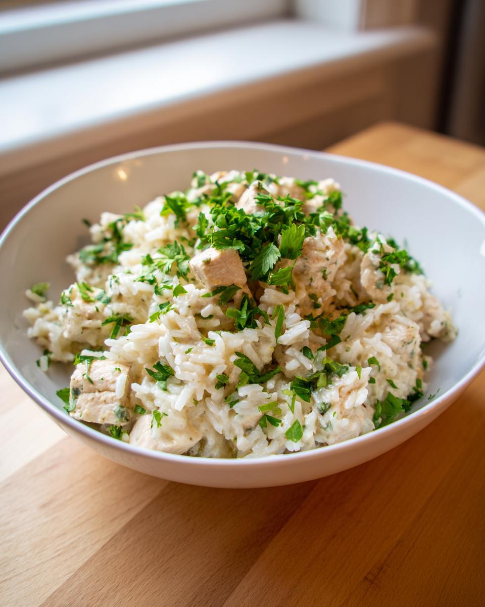 Close-up of creamy one pot chicken and rice topped generously with fresh chopped parsley in a white bowl.