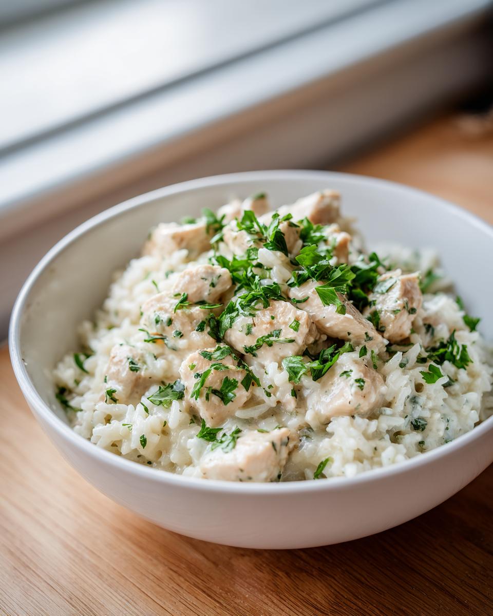 A close-up of creamy one pot chicken and rice topped with fresh parsley in a white bowl.