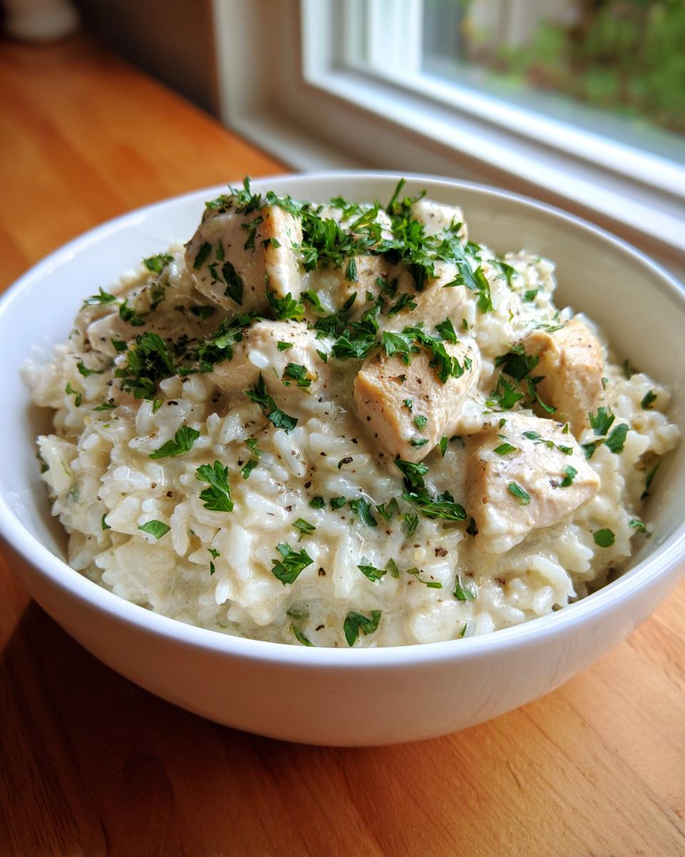 A close-up of a creamy one pot chicken and rice dish topped with fresh parsley in a white bowl.