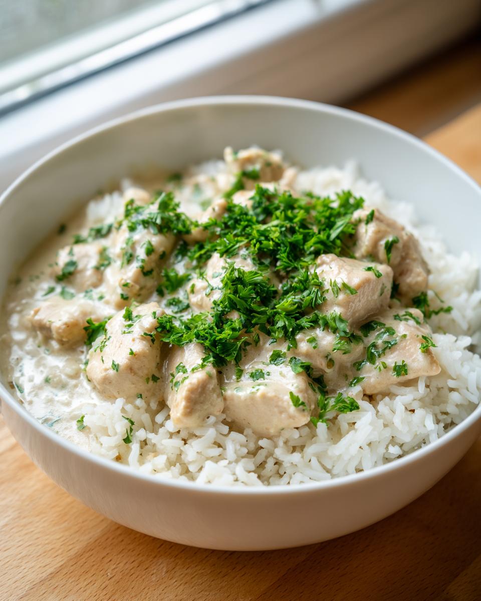 A close-up of creamy one pot chicken and rice topped generously with fresh parsley in a white bowl.