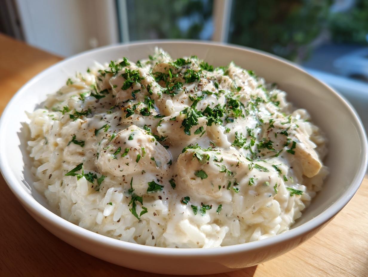 A close-up of creamy one pot chicken and rice topped with fresh parsley and black pepper in a white bowl.