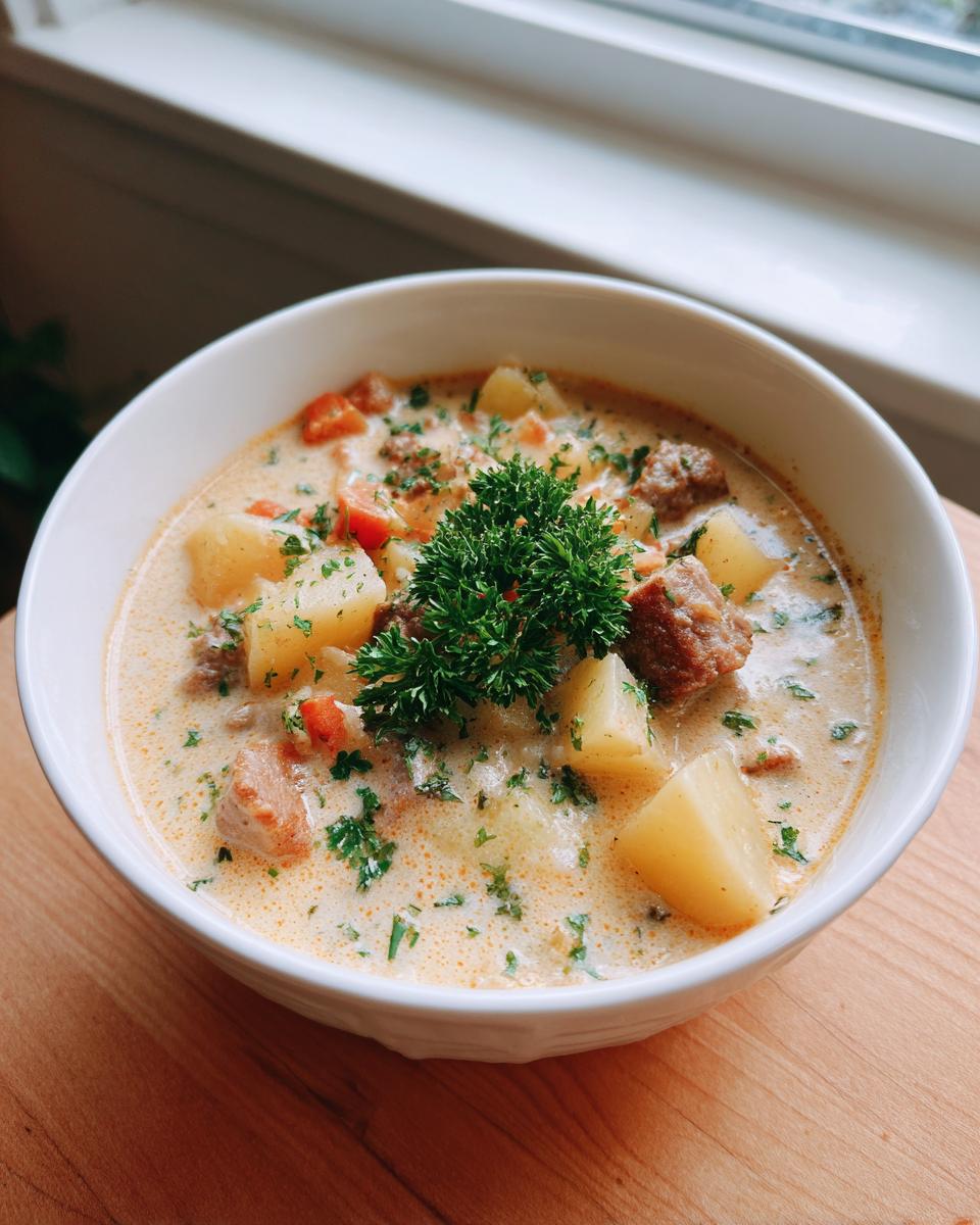 A close-up of creamy potato and sausage chowder, garnished with fresh parsley, served in a white bowl.