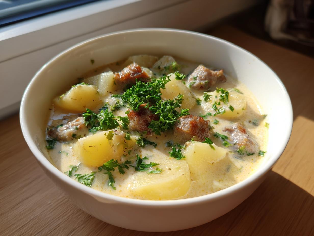 Close-up of a creamy bowl of potato and sausage chowder, garnished with fresh parsley.