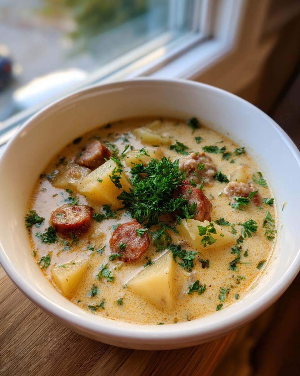 Close-up of a creamy potato and sausage chowder, garnished with fresh parsley, served in a white bowl.