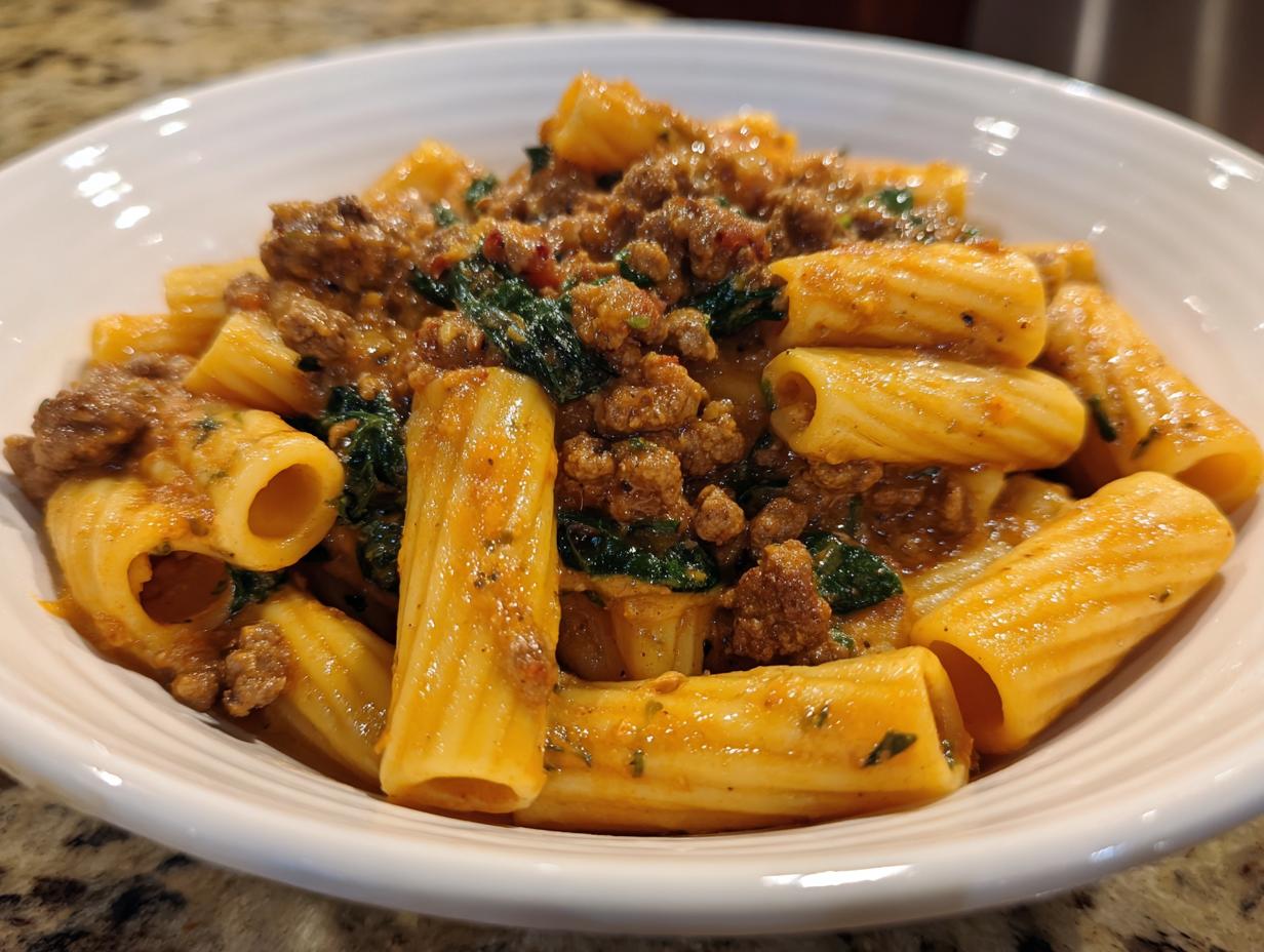 Close-up of creamy sausage pasta featuring rigatoni noodles coated in a rich sauce with crumbled sausage and spinach.