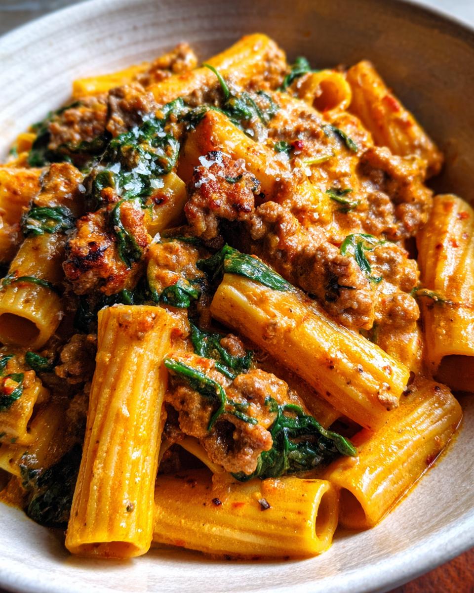 Close-up of creamy sausage pasta featuring rigatoni noodles, crumbled sausage, and wilted spinach, topped with grated cheese.