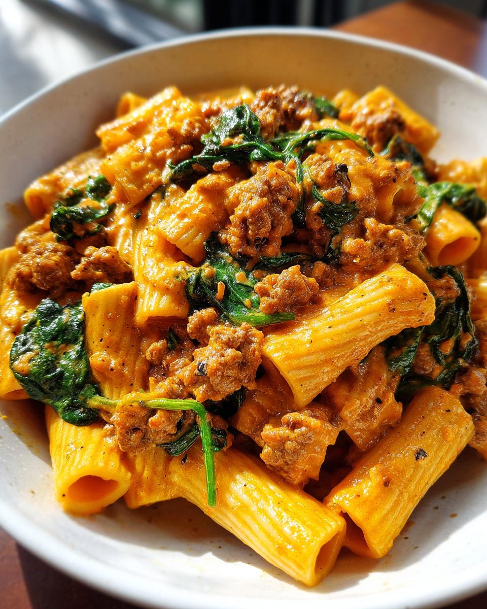 Close-up of creamy sausage pasta made with rigatoni, crumbled sausage, and wilted spinach.