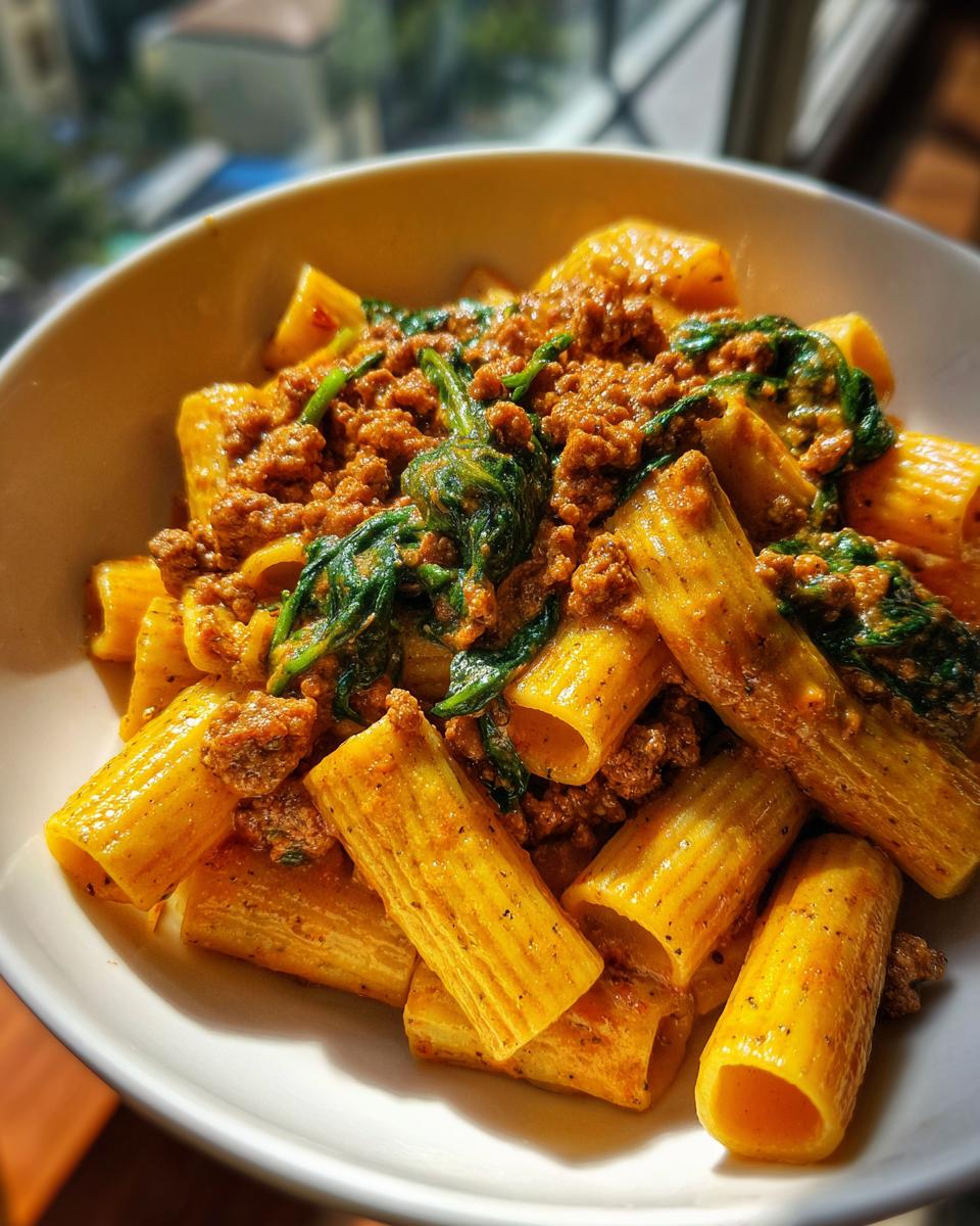 A close-up of creamy sausage pasta featuring rigatoni tubes mixed with ground sausage and wilted spinach.