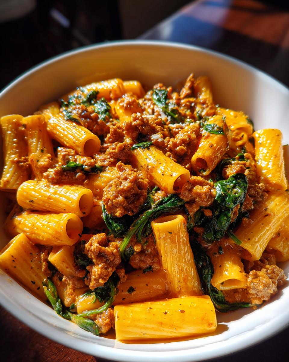 Close-up of creamy sausage pasta featuring rigatoni tubes coated in a rich sauce with crumbled sausage and wilted spinach.