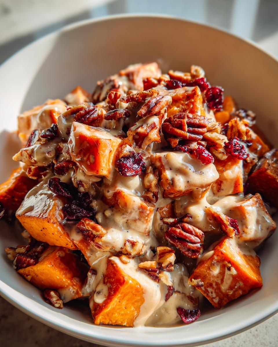 Close-up of a bowl of sweet potato salad cubes topped with creamy dressing, pecans, and dried cranberries.