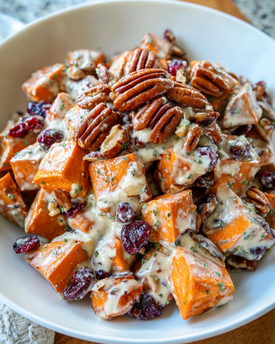 Close-up of vibrant orange chunks of sweet potato salad tossed in a creamy dressing, topped with whole pecans and dried cranberries.