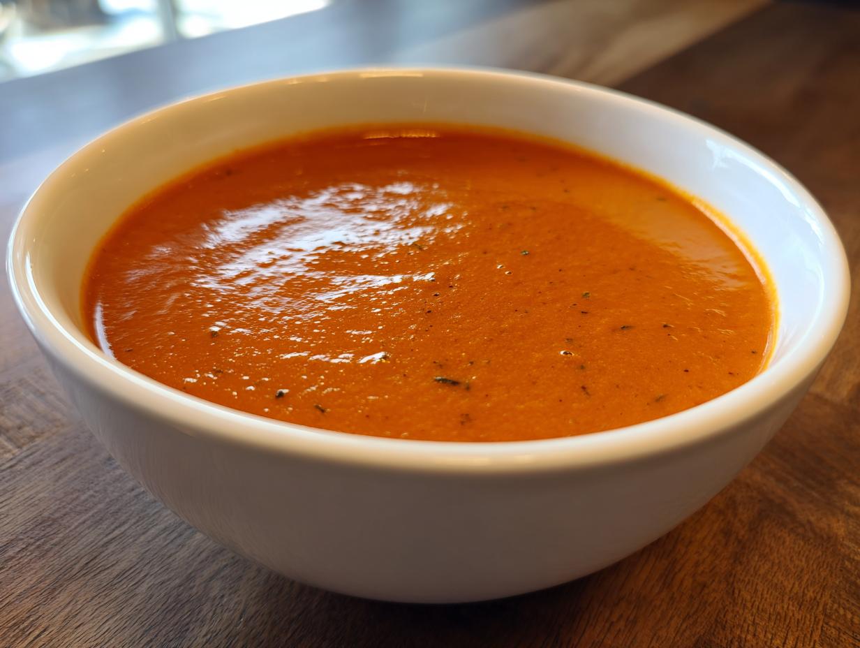 Close-up of a bowl filled with rich, creamy tomato bisque, showing its vibrant orange-red color and slight herb flecks.