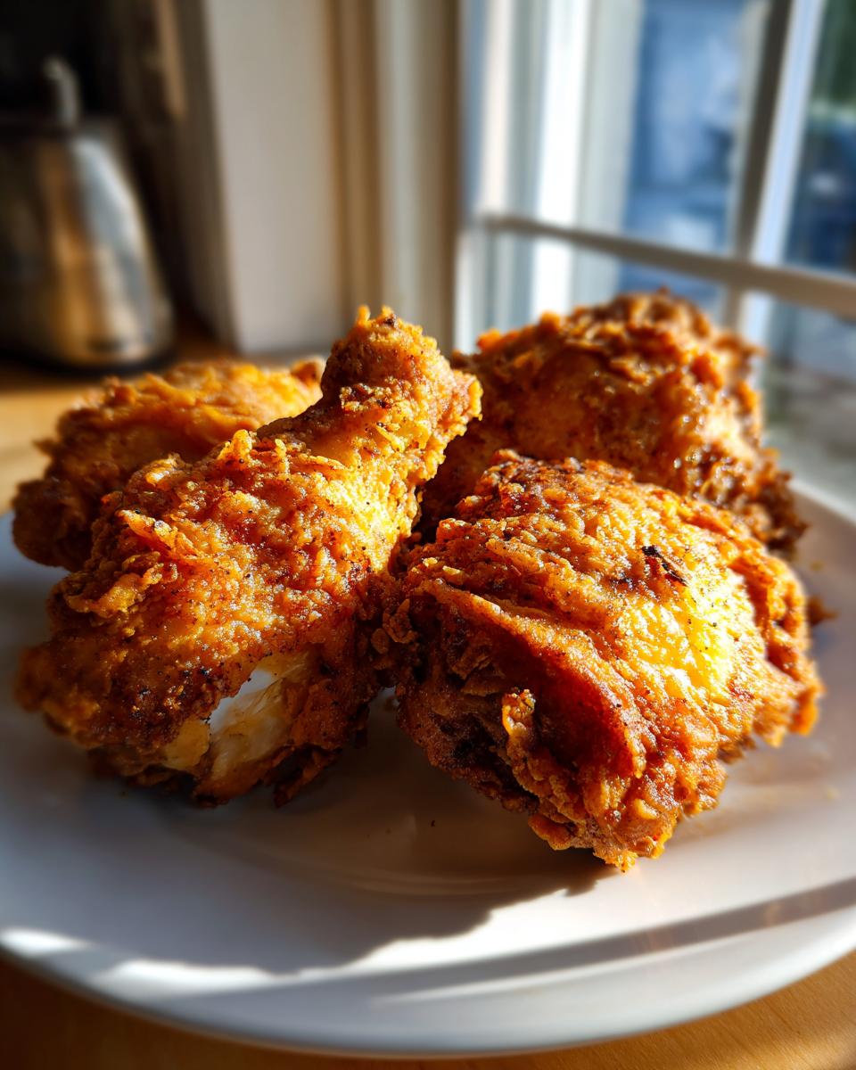Four pieces of golden brown, crispy air fryer fried chicken piled on a white plate in bright sunlight.