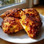Four golden-brown, crispy pieces of air fryer fried chicken resting on a white plate, beautifully lit by sunlight.