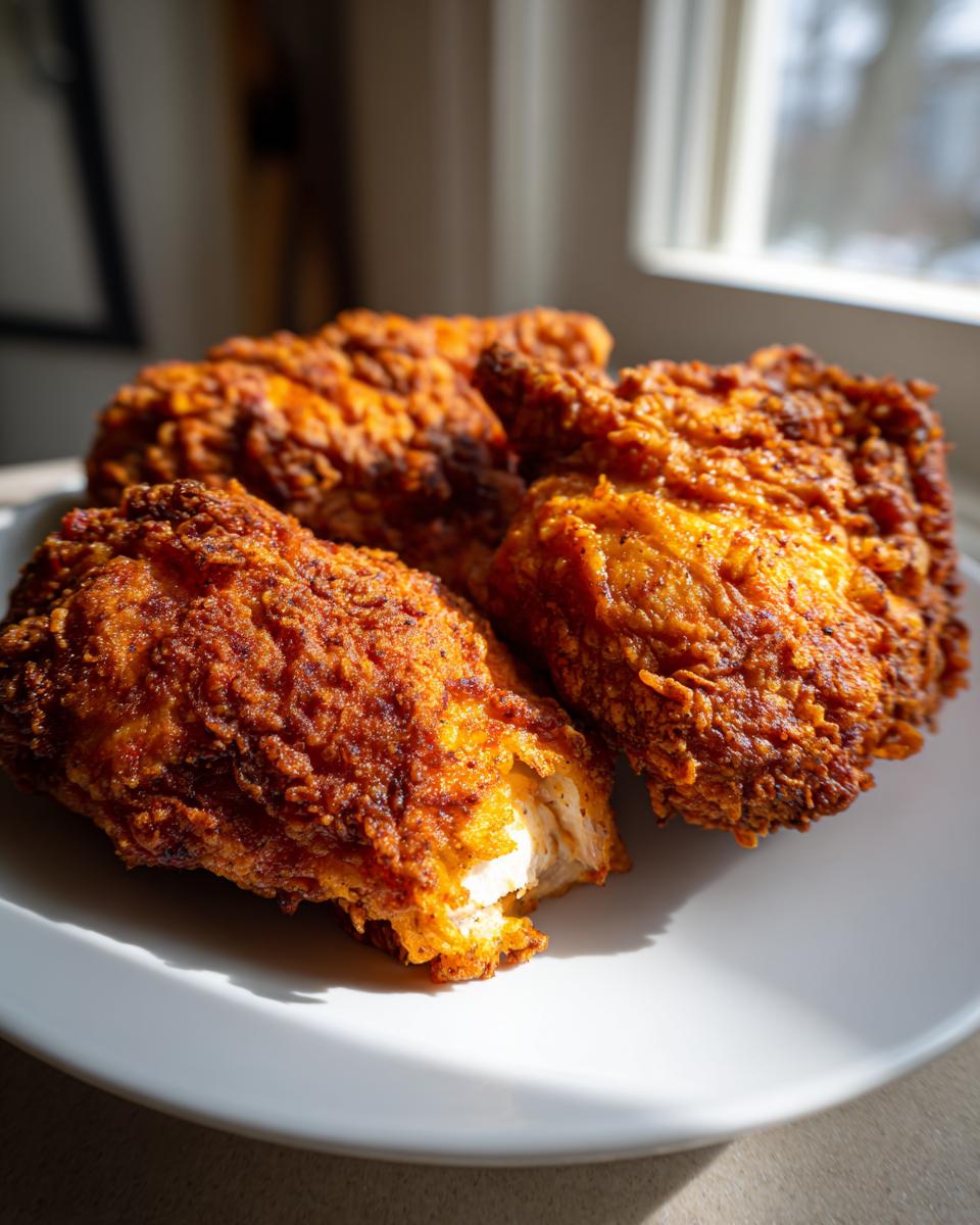 Close-up of four pieces of crispy, golden-brown air fryer fried chicken on a white plate, showing the texture of the coating.