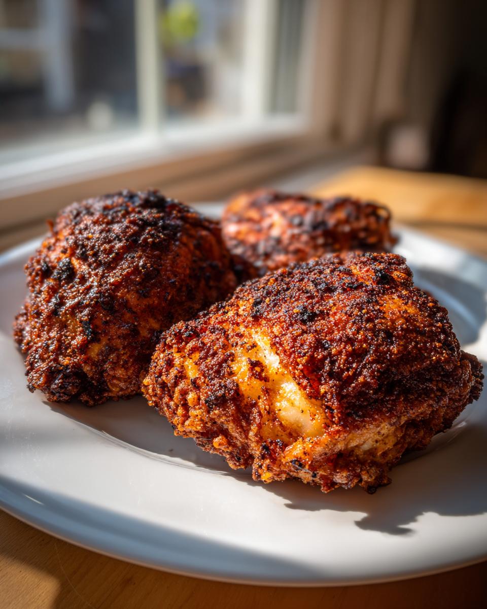 Three pieces of dark, crispy air fryer fried chicken sitting on a white plate, highlighted by bright sunlight.