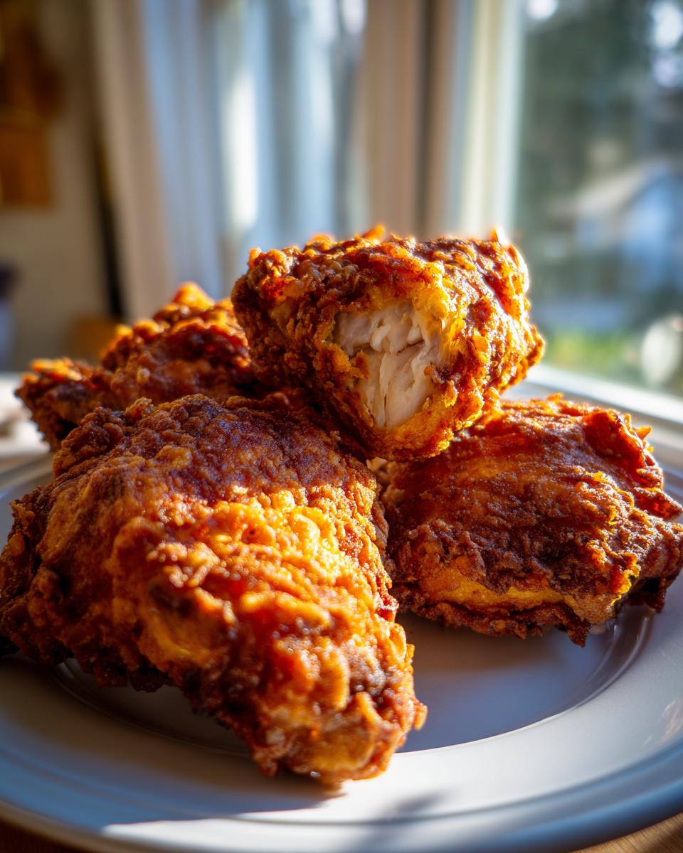 Close-up of golden, crispy air fryer fried chicken pieces stacked on a white plate, showing the juicy interior of one piece.