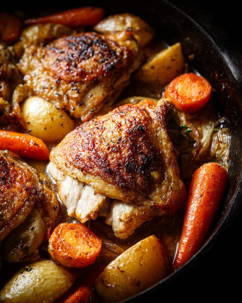 Close-up of perfectly seared braised chicken thighs nestled with potatoes and carrots in a dark pan.