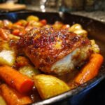 Close-up of a perfectly seared braised chicken thighs with crispy skin, surrounded by carrots and potatoes in a savory sauce.