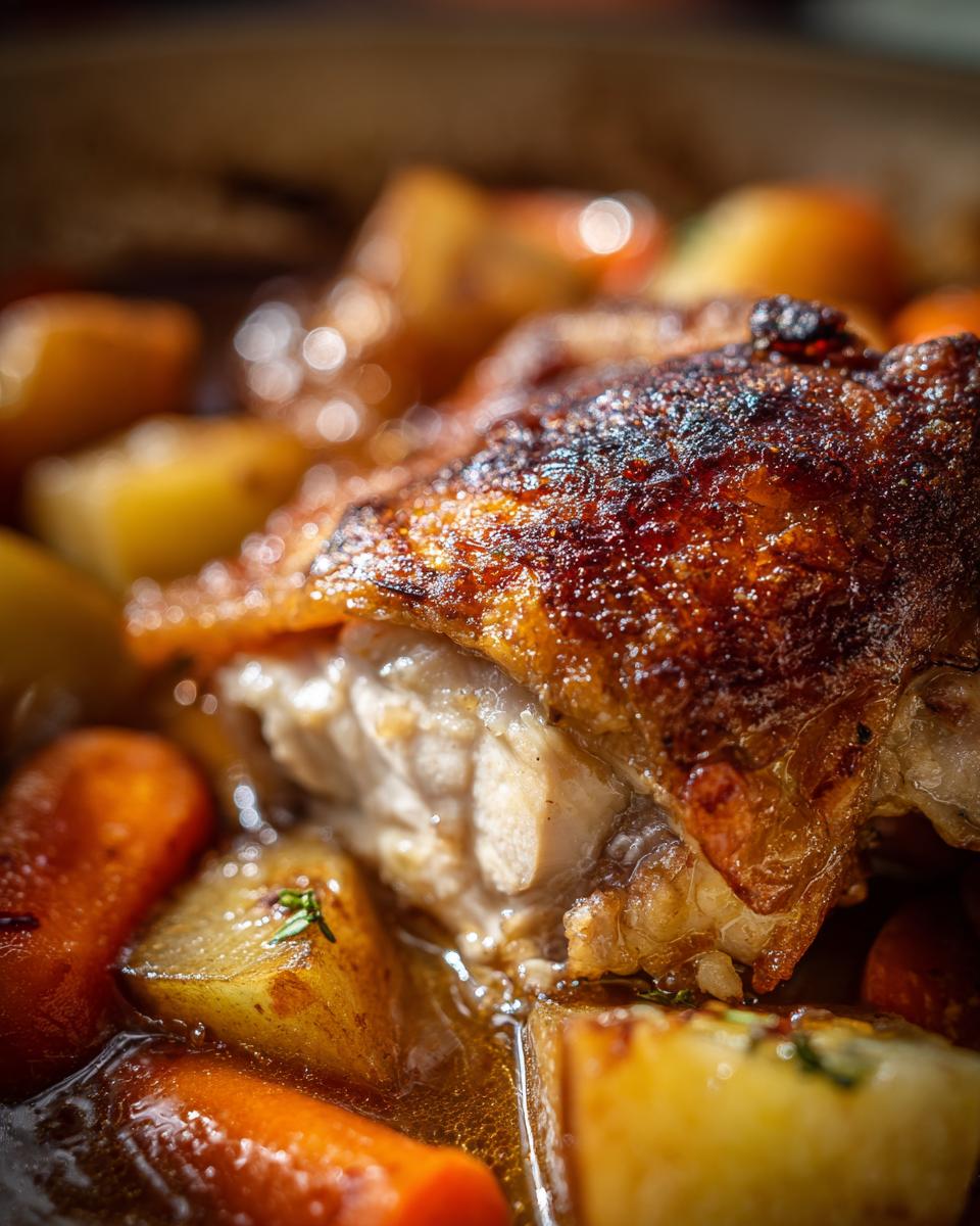 A close-up shot showing the crispy, browned skin and tender white meat of braised chicken thighs nestled among carrots and potatoes in rich sauce.