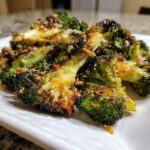 Close-up of crispy, charred, and cheesy smashed broccoli served on a white plate.