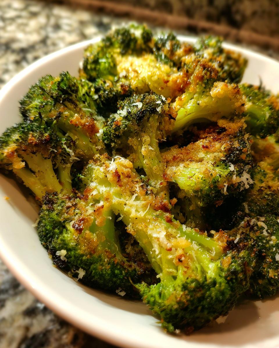 Close-up of perfectly roasted smashed broccoli florets topped with crispy breadcrumbs and grated Parmesan cheese.