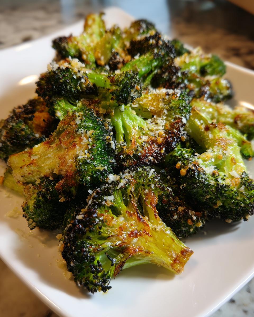 Close-up of perfectly roasted and slightly charred smashed broccoli topped with grated Parmesan cheese.