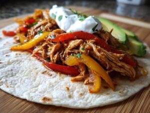 A close-up of a soft tortilla topped with shredded crockpot chicken fajitas, colorful bell peppers, sour cream, and avocado slices.