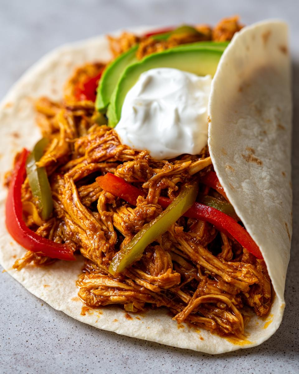 A close-up of a soft tortilla filled with saucy shredded crockpot chicken fajitas, peppers, avocado, and sour cream.