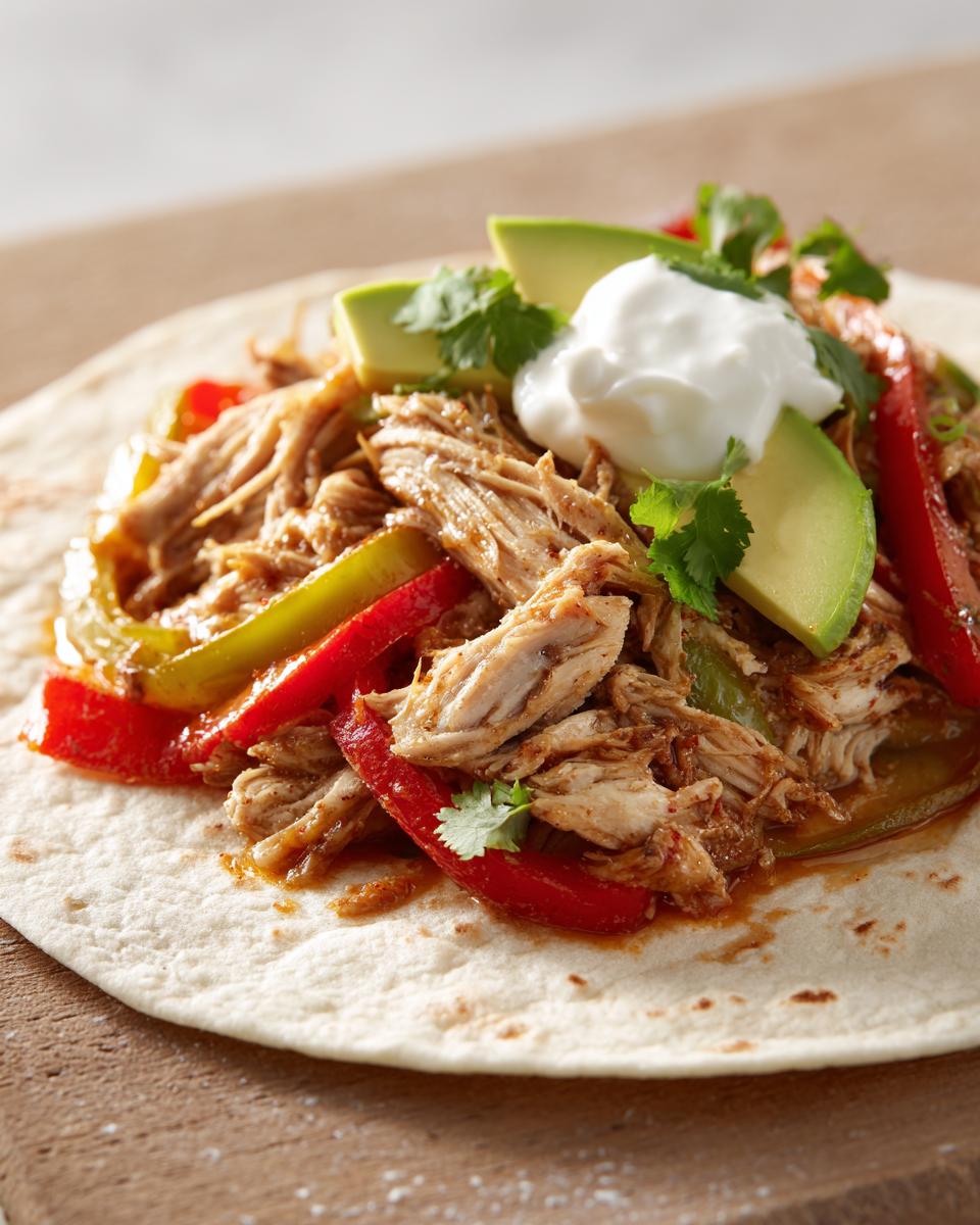 Close-up of shredded chicken fajitas with peppers, avocado, and sour cream on a soft tortilla.