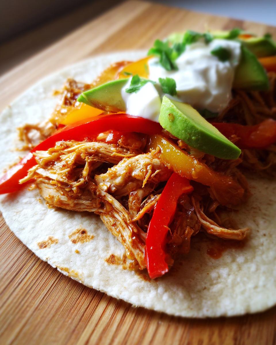 Close-up of a soft tortilla filled with shredded crockpot chicken fajitas, bell peppers, avocado, and sour cream.