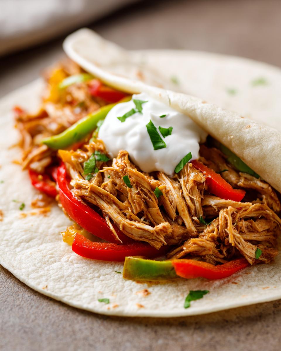 Close-up of a soft tortilla filled with shredded crockpot chicken fajitas, colorful peppers, and a dollop of sour cream.