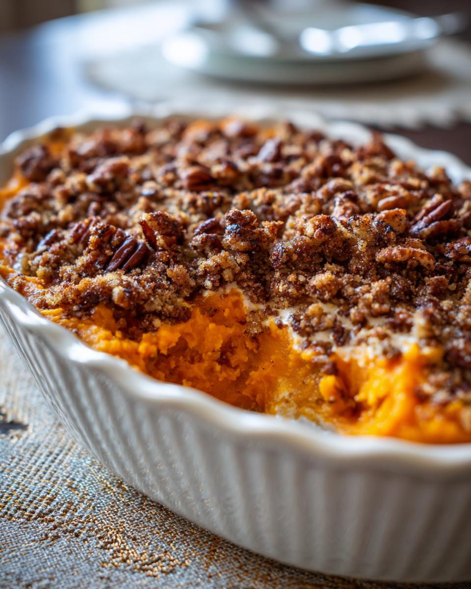 Close-up of a rich crockpot sweet potato casserole with a thick, crunchy pecan streusel topping in a white baking dish.