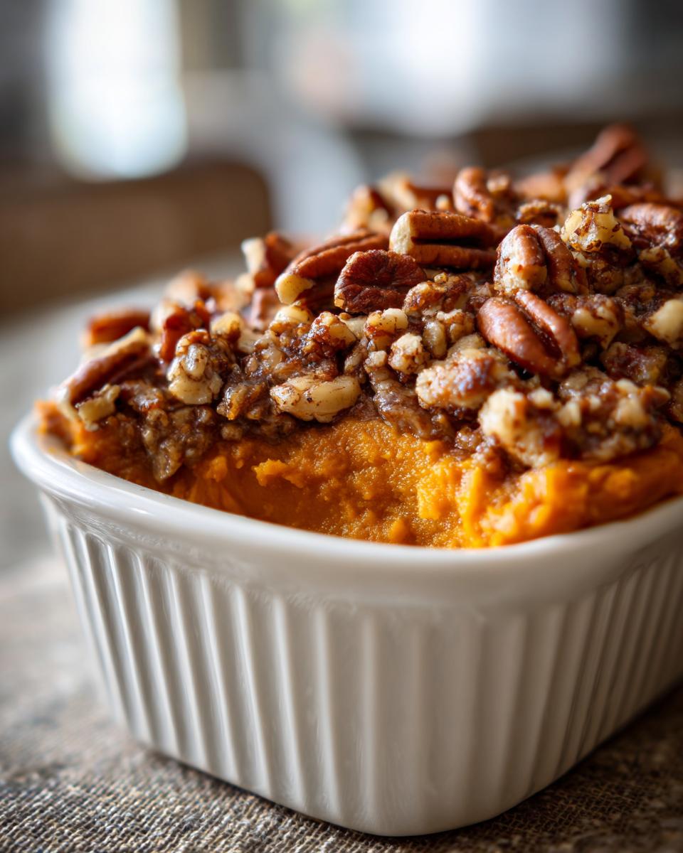 A close-up of rich, orange crockpot sweet potato casserole topped generously with crunchy pecans and brown sugar crumble.