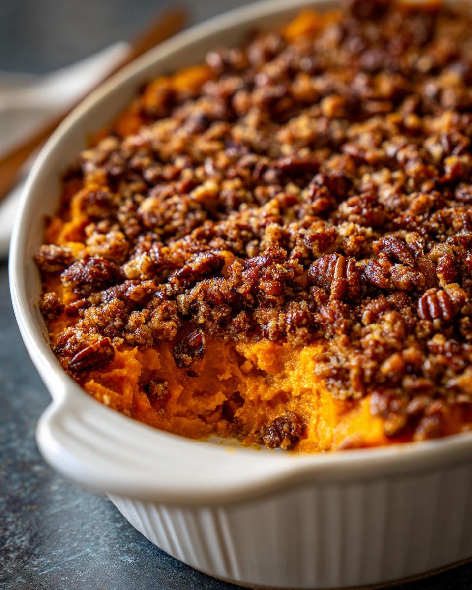 Close-up of a creamy crockpot sweet potato casserole topped with a crunchy brown sugar and pecan streusel.